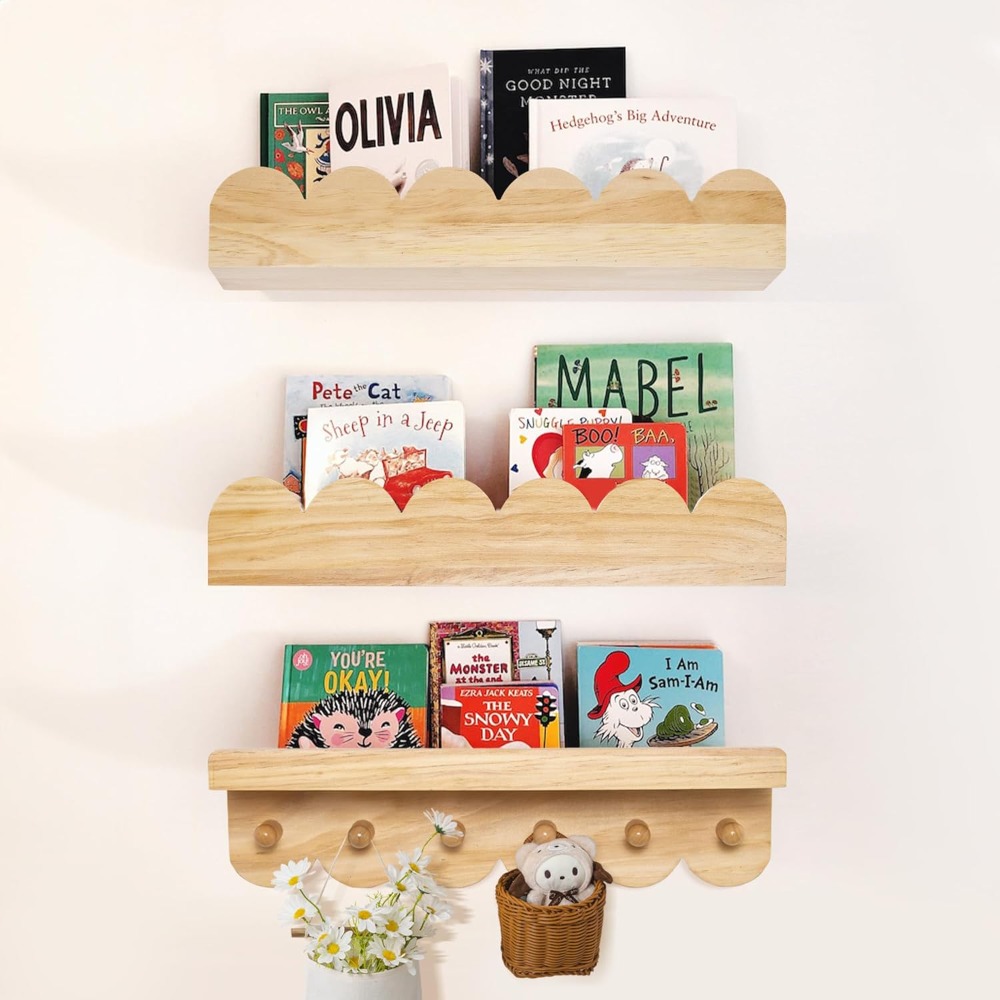 保育園の本棚 3個セット 木製壁掛け棚 子供用波型棚 寝室  - Baby Nursery Floating Shelves のレビューと価格