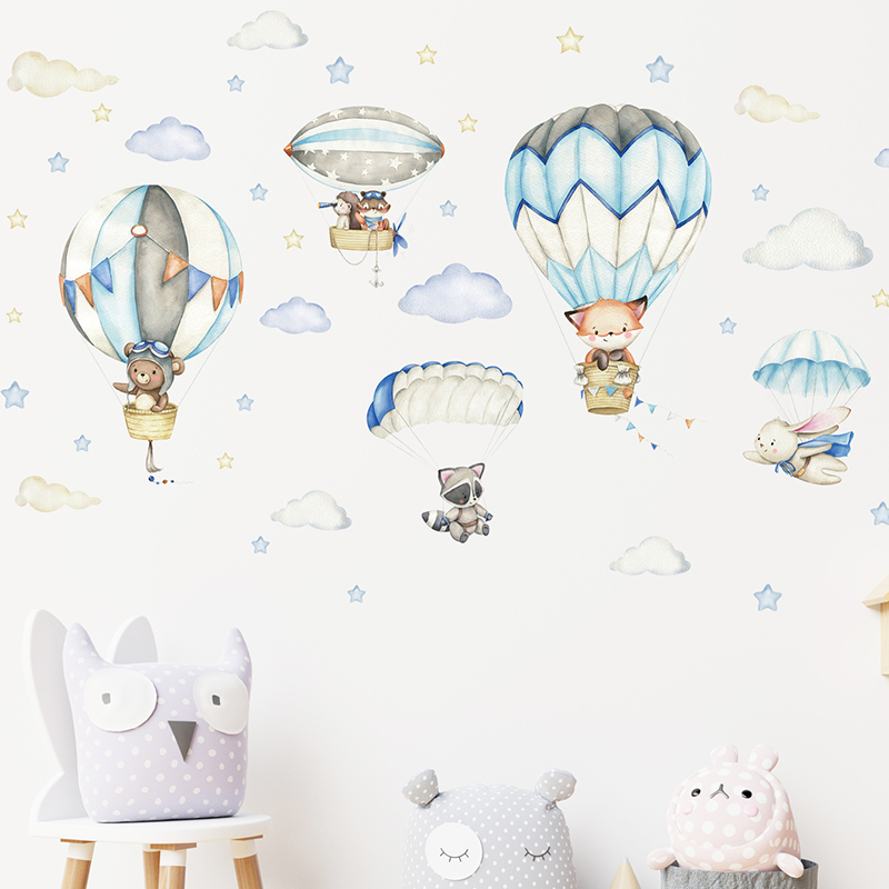 漫画かわいい動物熱気球ウォールステッカーキッズルームベビー保 - Baby Nursery Wall Decals のレビューと価格