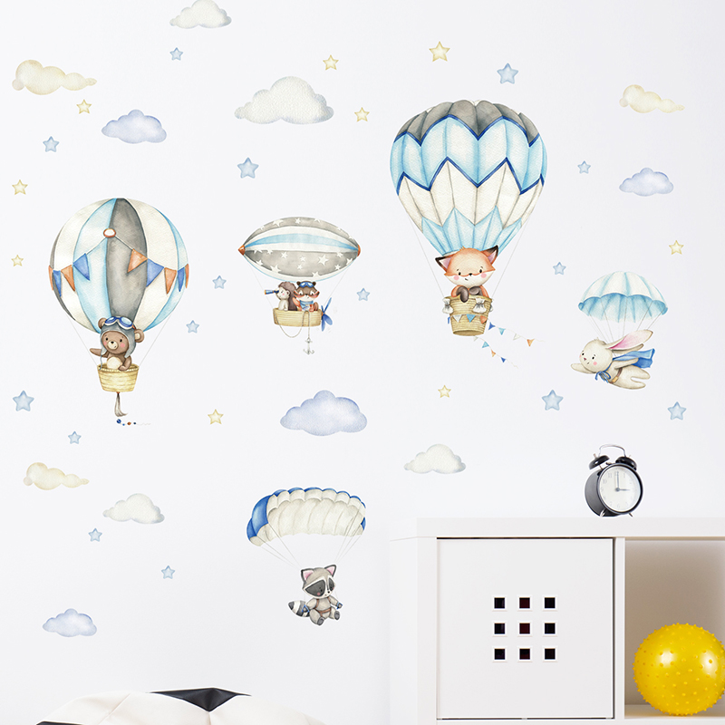 漫画かわいい動物熱気球ウォールステッカーキッズルームベビー保 - Baby Nursery Wall Decals のレビューと価格