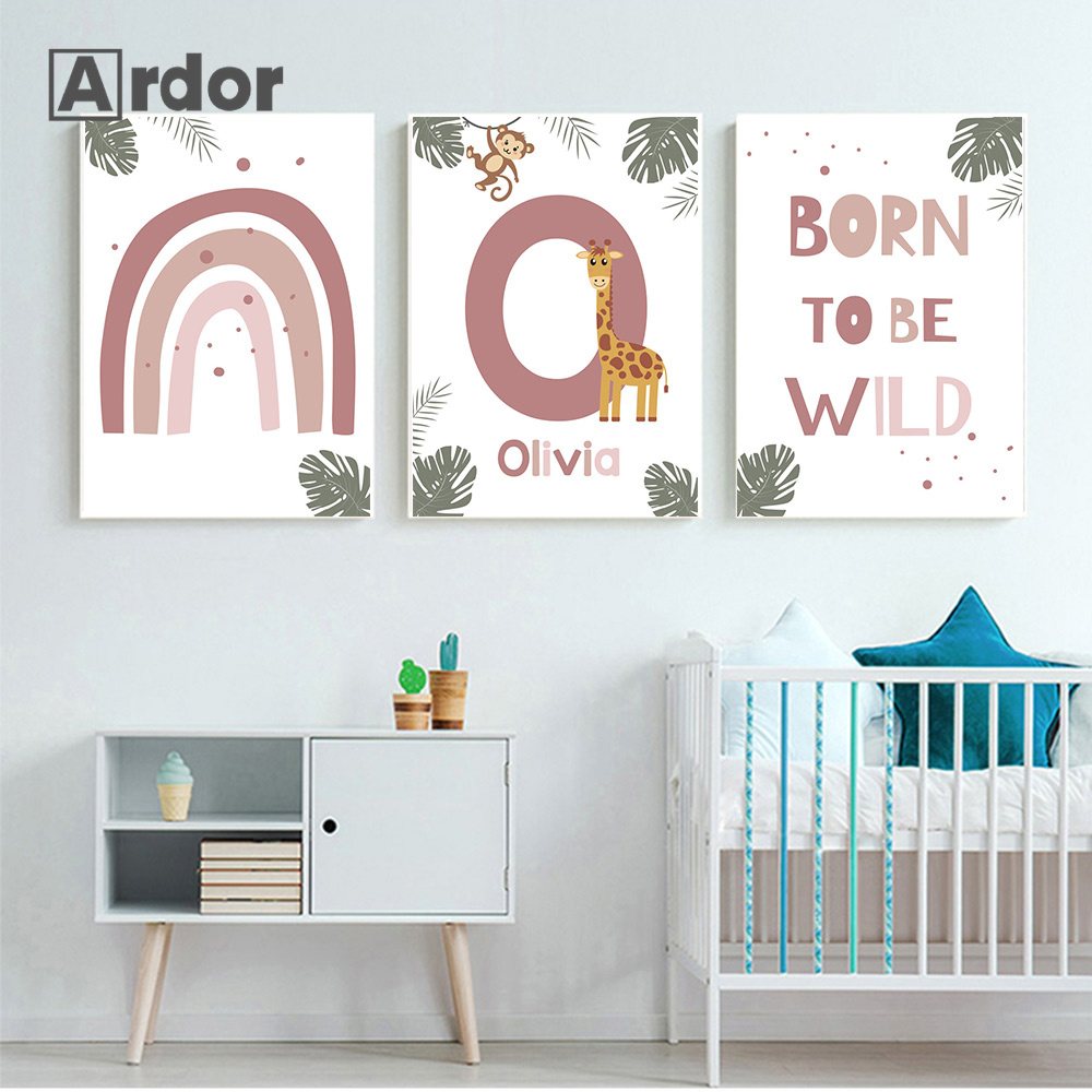 北欧ジャングル動物ポスター カスタムネーム キャンバス絵画  - Baby Nursery Animal Pictures のレビューと価格