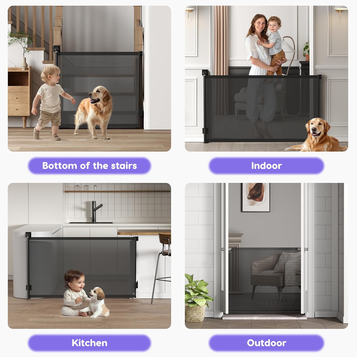 伸縮式ベビーゲート、超ワイド、広い開口部用メッシュロングドッ - Baby Gate Extra Wide のレビューと価格