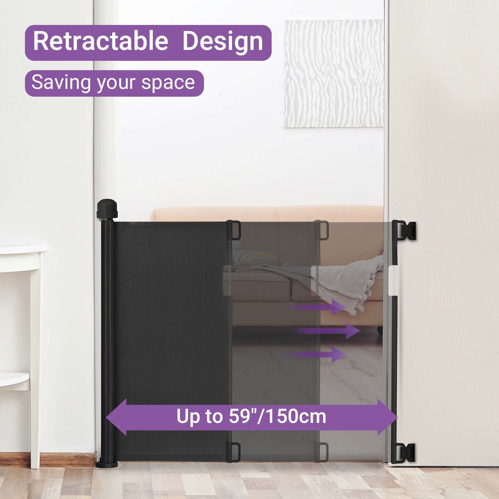 伸縮式ベビーゲート、超ワイド、広い開口部用メッシュロングドッ - Baby Gate Extra Wide のレビューと価格