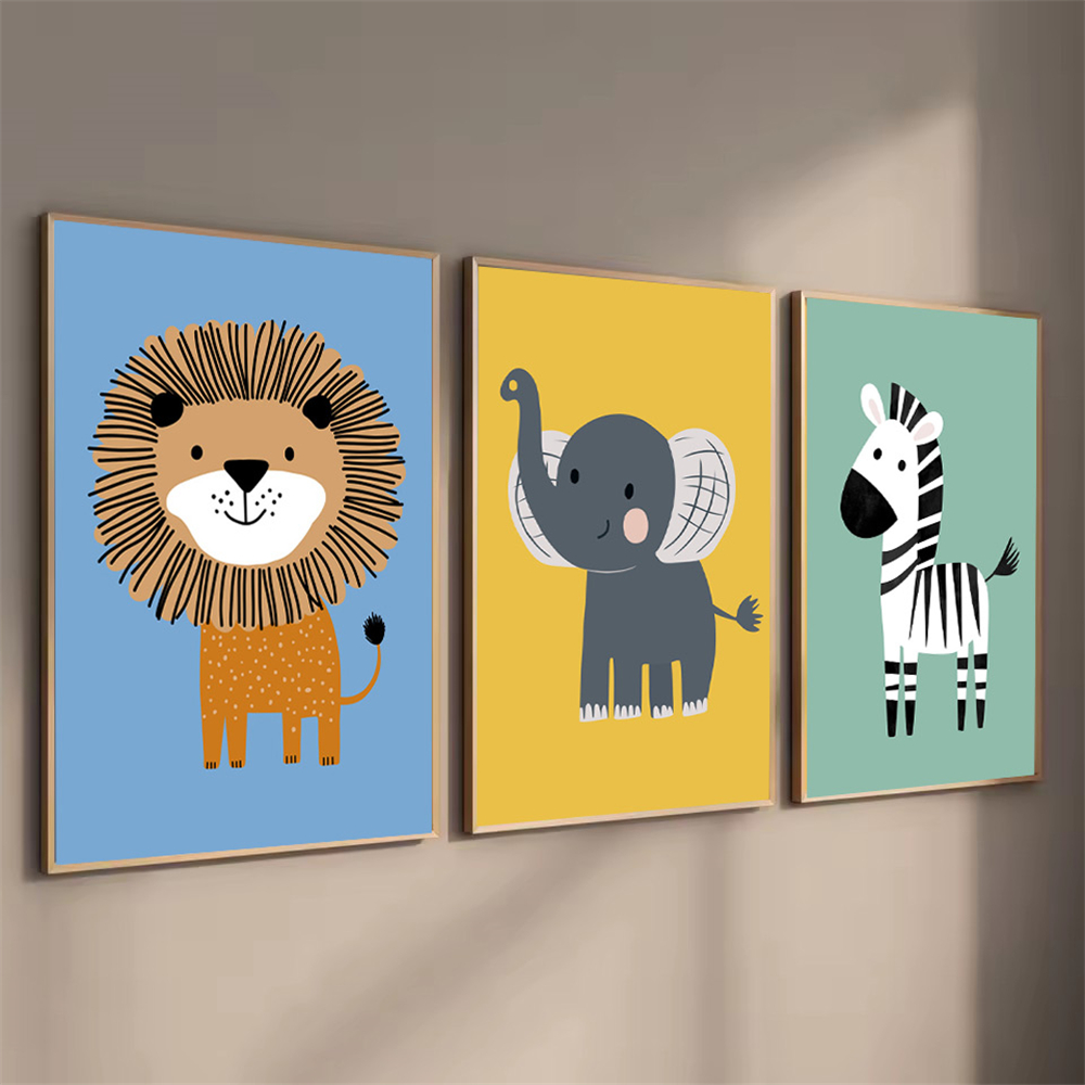 漫画動物ライオンゼブラ象ウォールアートキャンバス絵画保育園ポ - Baby Nursery Animal Pictures のレビューと価格