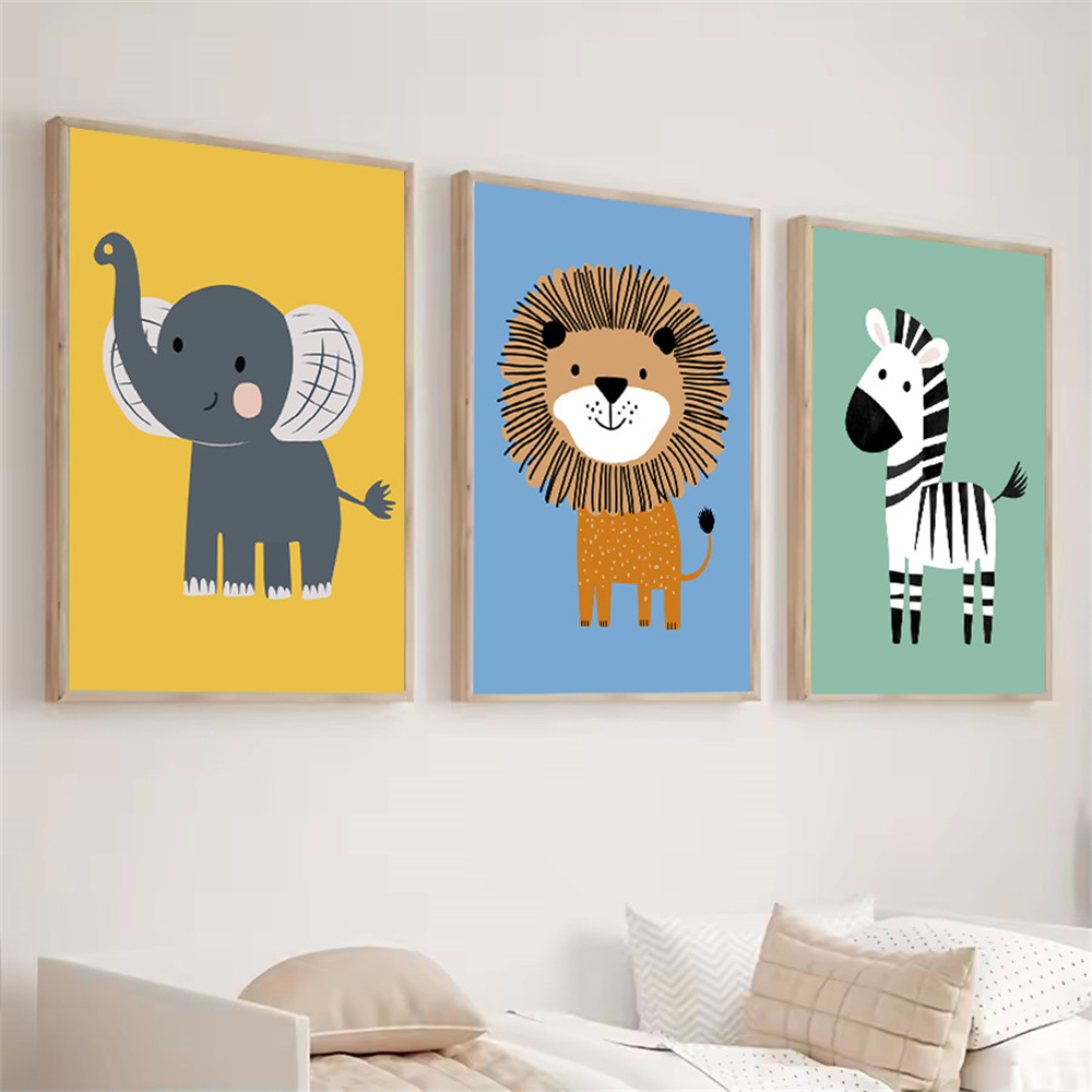 漫画動物ライオンゼブラ象ウォールアートキャンバス絵画保育園ポ - Baby Nursery Animal Pictures のレビューと価格