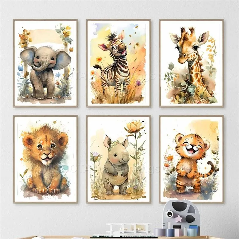 水彩ライオンキリン虎象シマウマ保育園壁アートキャンバス絵画動 - Baby Nursery Animal Pictures のレビューと価格