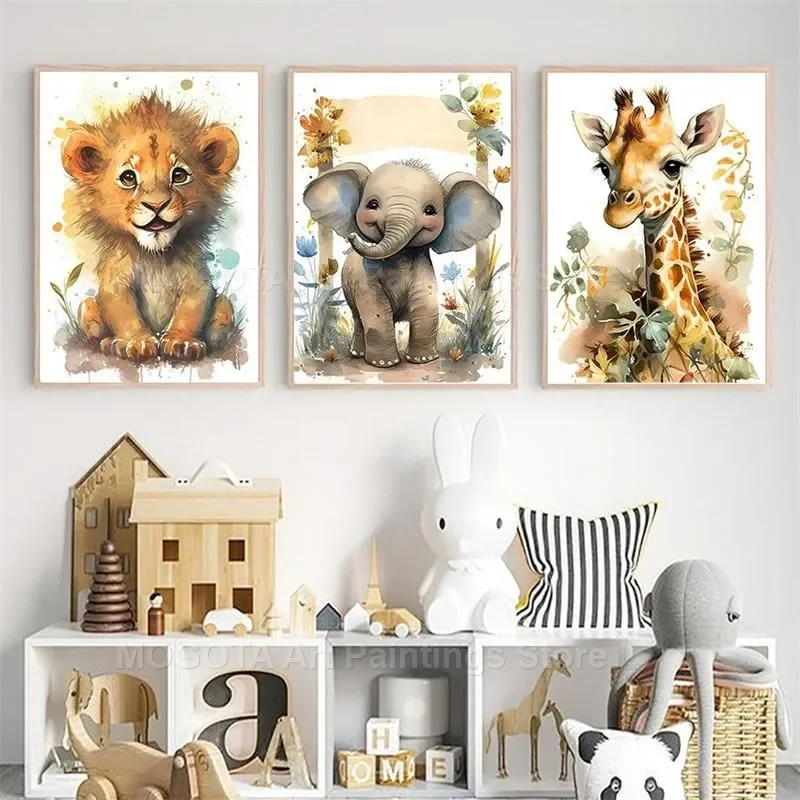 水彩ライオンキリン虎象シマウマ保育園壁アートキャンバス絵画動 - Baby Nursery Animal Pictures のレビューと価格