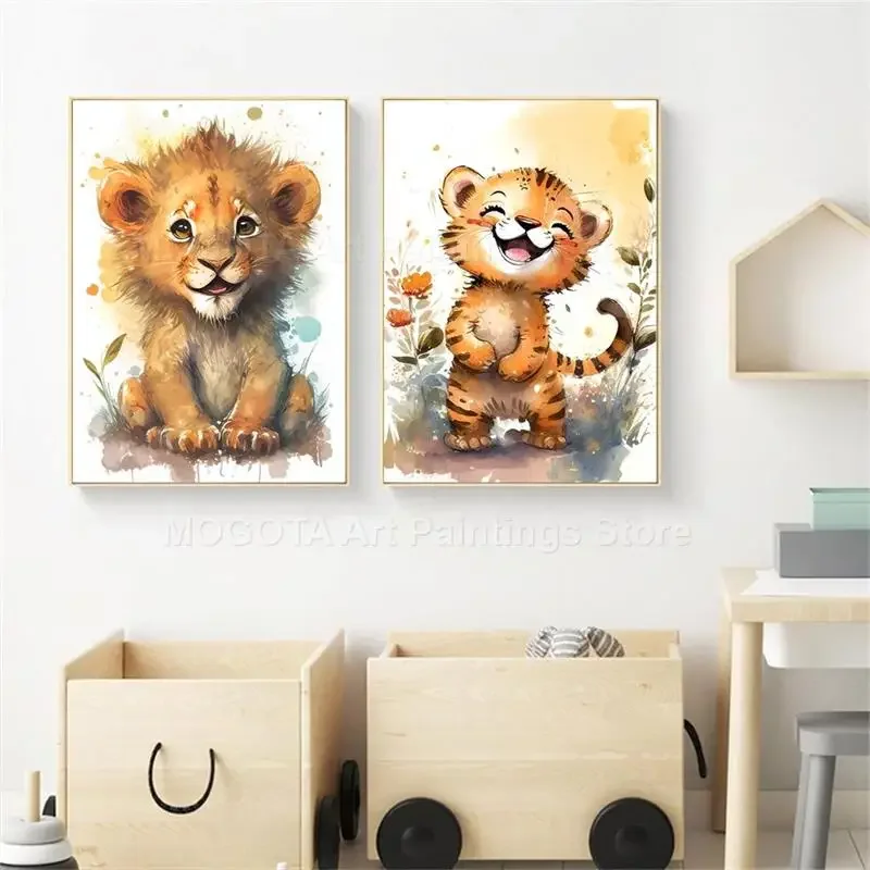 水彩ライオンキリン虎象シマウマ保育園壁アートキャンバス絵画動 - Baby Nursery Animal Pictures のレビューと価格