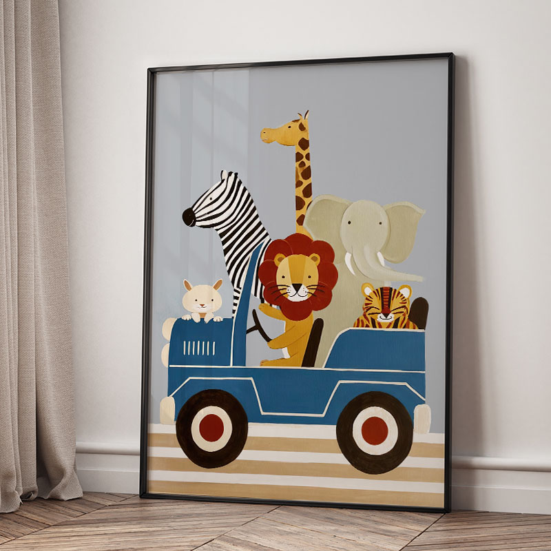 面白い漫画の動物車風船保育園ウォールアートキャンバス絵画ライ - Baby Nursery Animal Pictures のレビューと価格