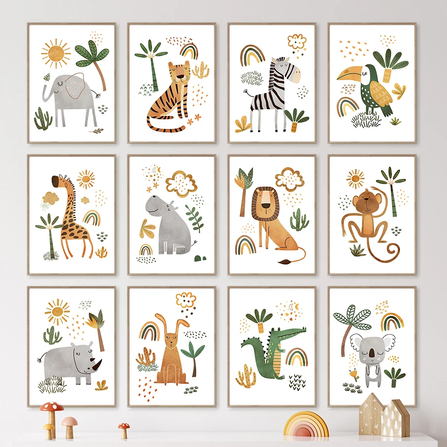 キリン象虎シマウマオオハシジャングル動物壁アートキャンバス絵 - Baby Nursery Animal Pictures のレビューと価格