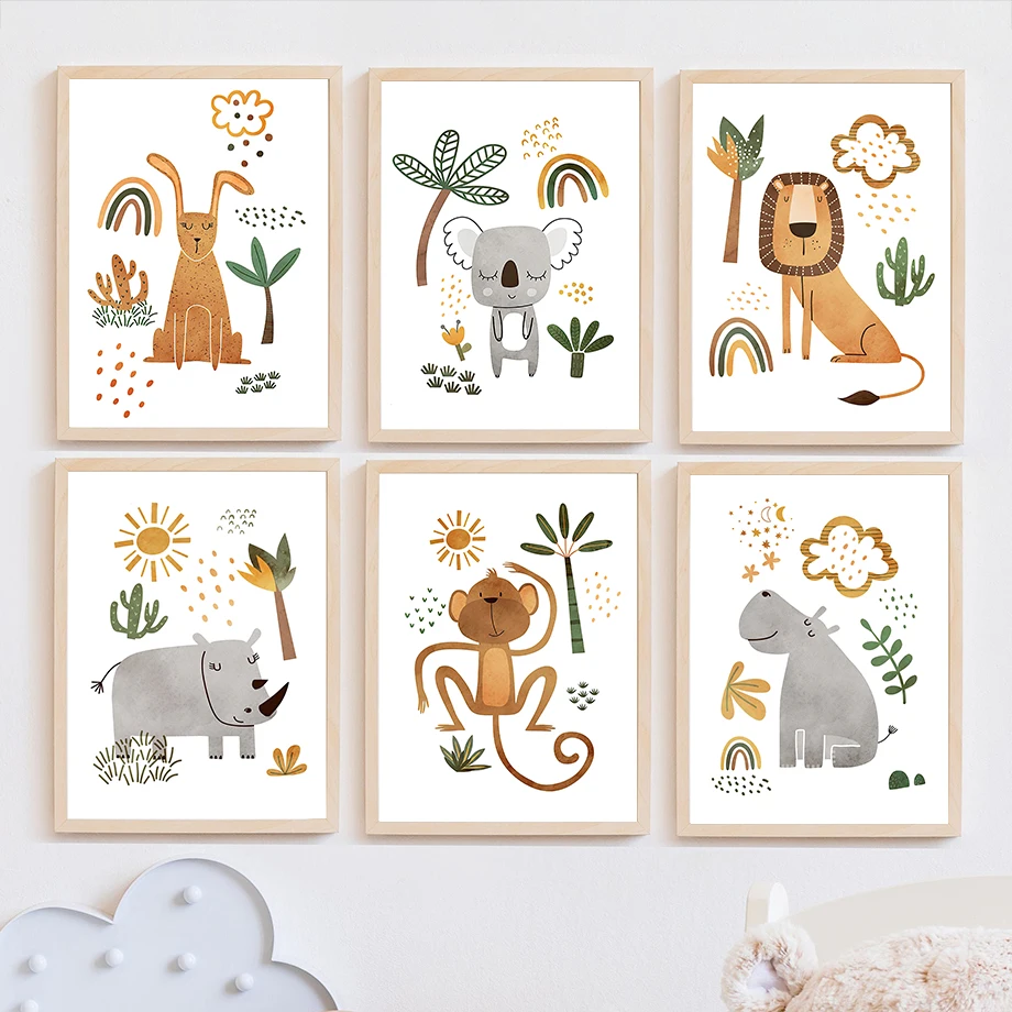 キリン象虎シマウマオオハシジャングル動物壁アートキャンバス絵 - Baby Nursery Animal Pictures のレビューと価格