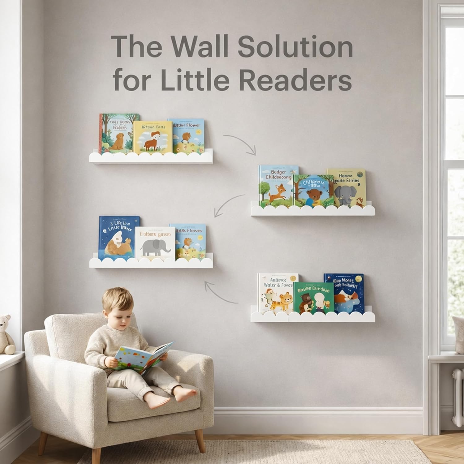 白いスカラップ型のフローティングナーセリーシェルフ4個セット - Baby Nursery Floating Shelves のレビューと価格