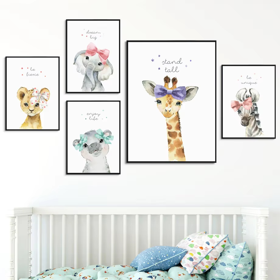 ライオンゼブラキリン象カバ花保育園壁アートプリントキャンバス - Baby Nursery Animal Pictures のレビューと価格