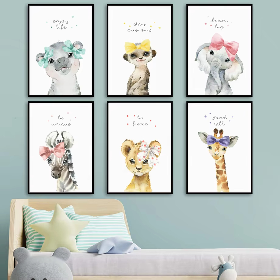 ライオンゼブラキリン象カバ花保育園壁アートプリントキャンバス - Baby Nursery Animal Pictures のレビューと価格