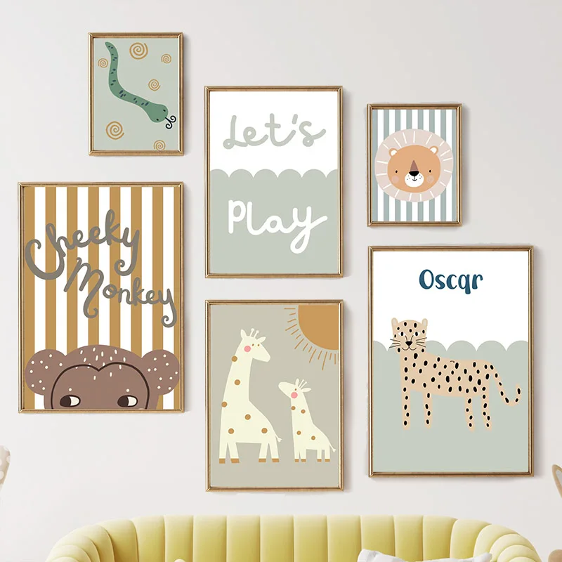 漫画キリンヒョウライオン猿ヘビ保育園壁アートキャンバス絵画ポ - Baby Nursery Animal Pictures のレビューと価格