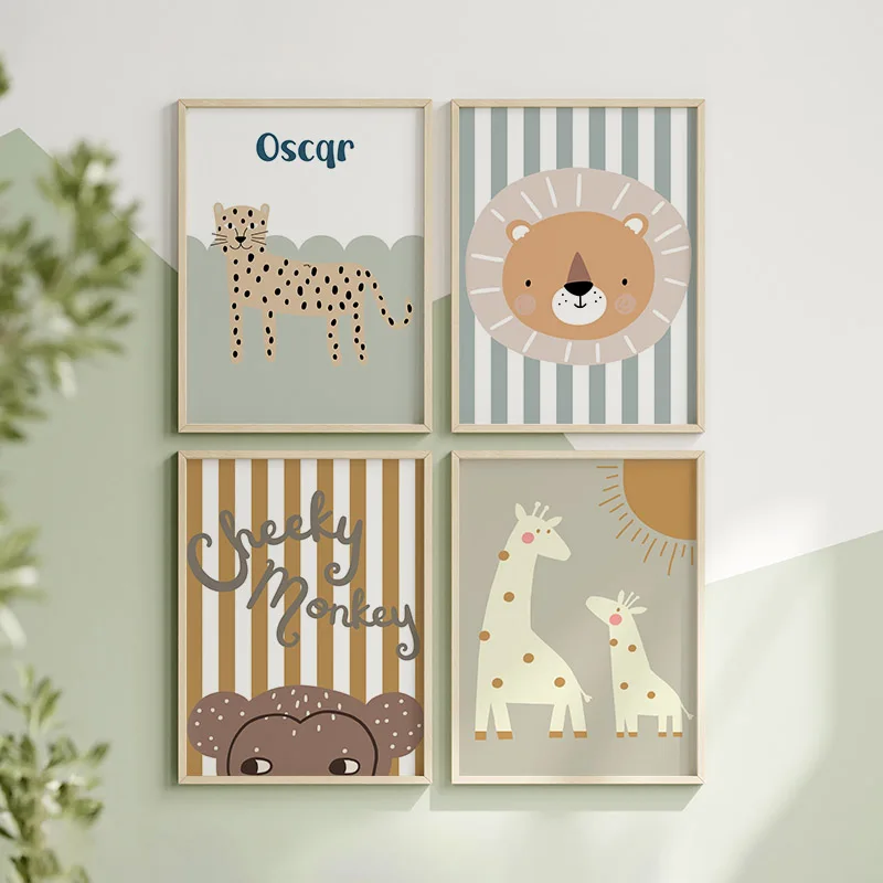 漫画キリンヒョウライオン猿ヘビ保育園壁アートキャンバス絵画ポ - Baby Nursery Animal Pictures のレビューと価格