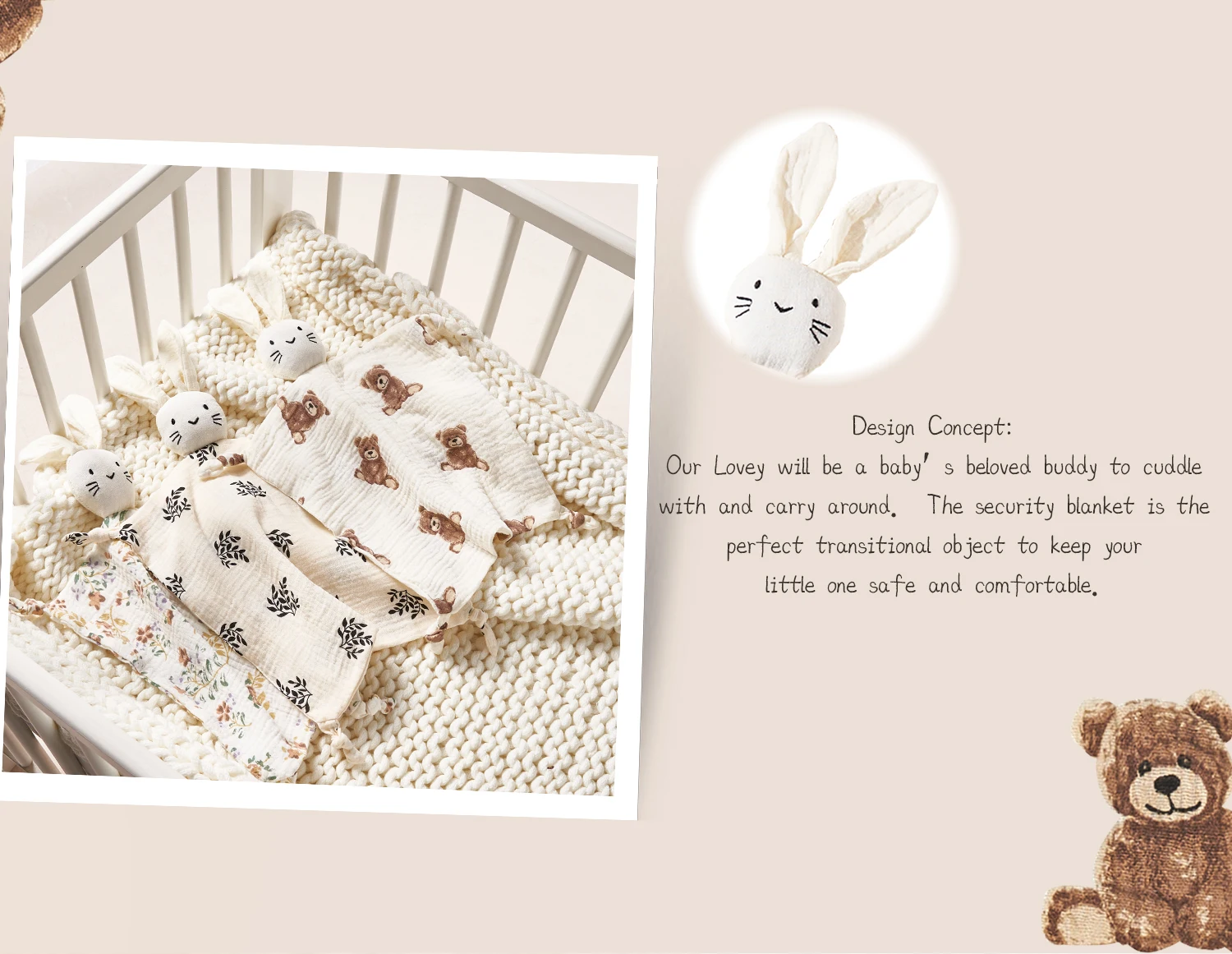 赤ちゃんを落ち着かせるタオル：柔らかいウサギのぬいぐるみ、綿 - Baby Nursery Hospital のレビューと価格