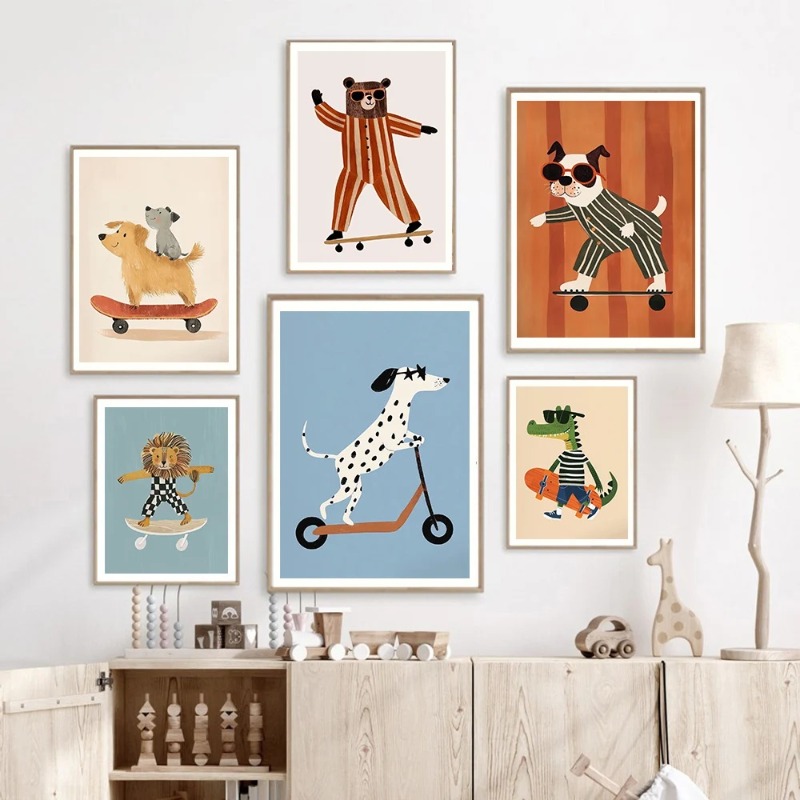 1pc フレームレス面白い動物ウサギ犬猫スケートボードポスタ - Baby Nursery Animal Pictures のレビューと価格