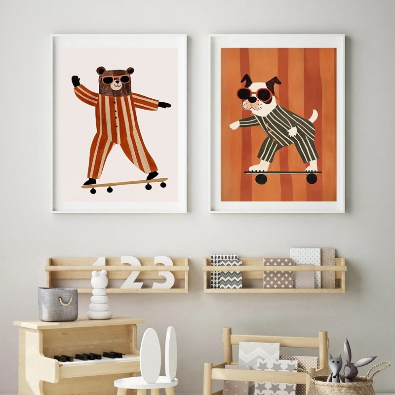 1pc フレームレス面白い動物ウサギ犬猫スケートボードポスタ - Baby Nursery Animal Pictures のレビューと価格