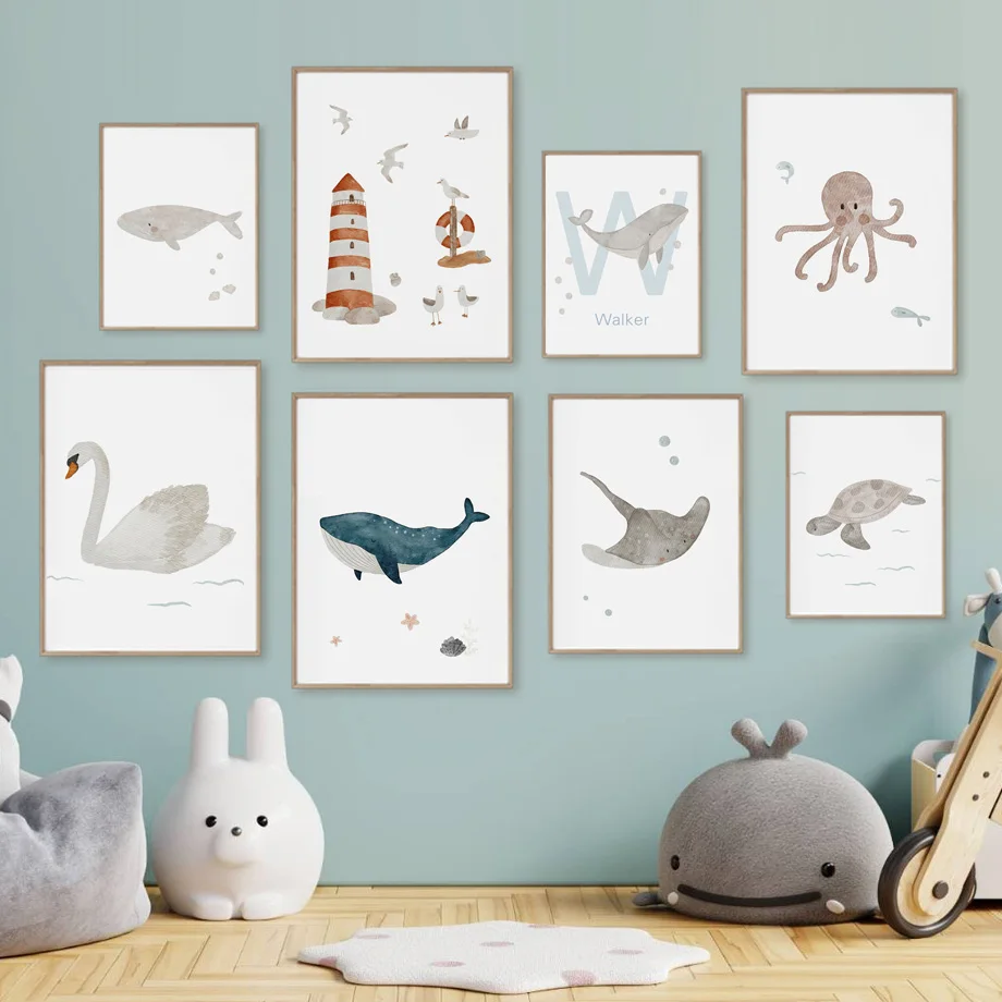子供部屋,ポスター,写真,壁アート,海の動物,クジラ,タコ, - Baby Nursery Animal Pictures のレビューと価格
