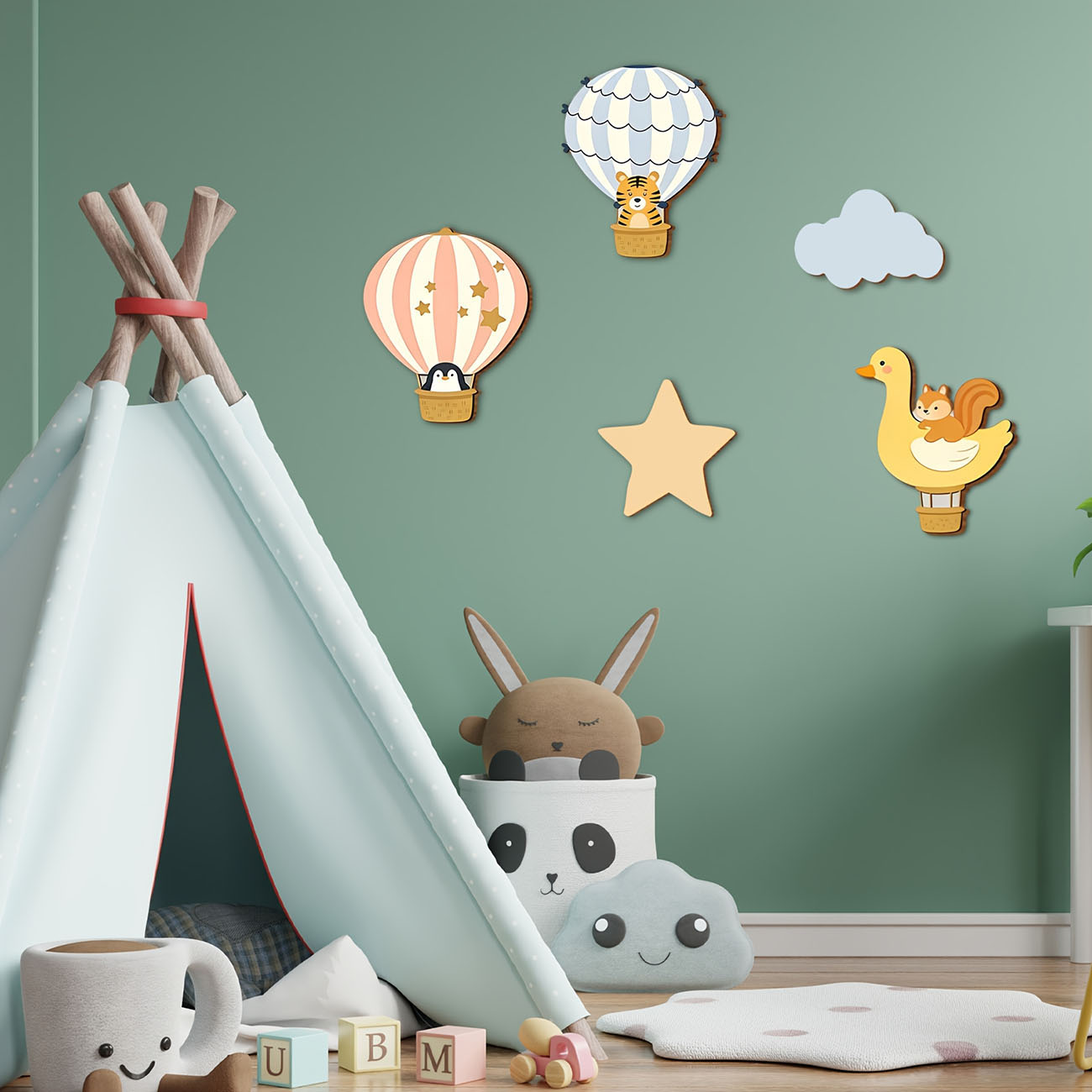 5 個の動物熱気球木製ウォールステッカー保育園子供部屋の装飾 - Baby Nursery Wall Decals のレビューと価格