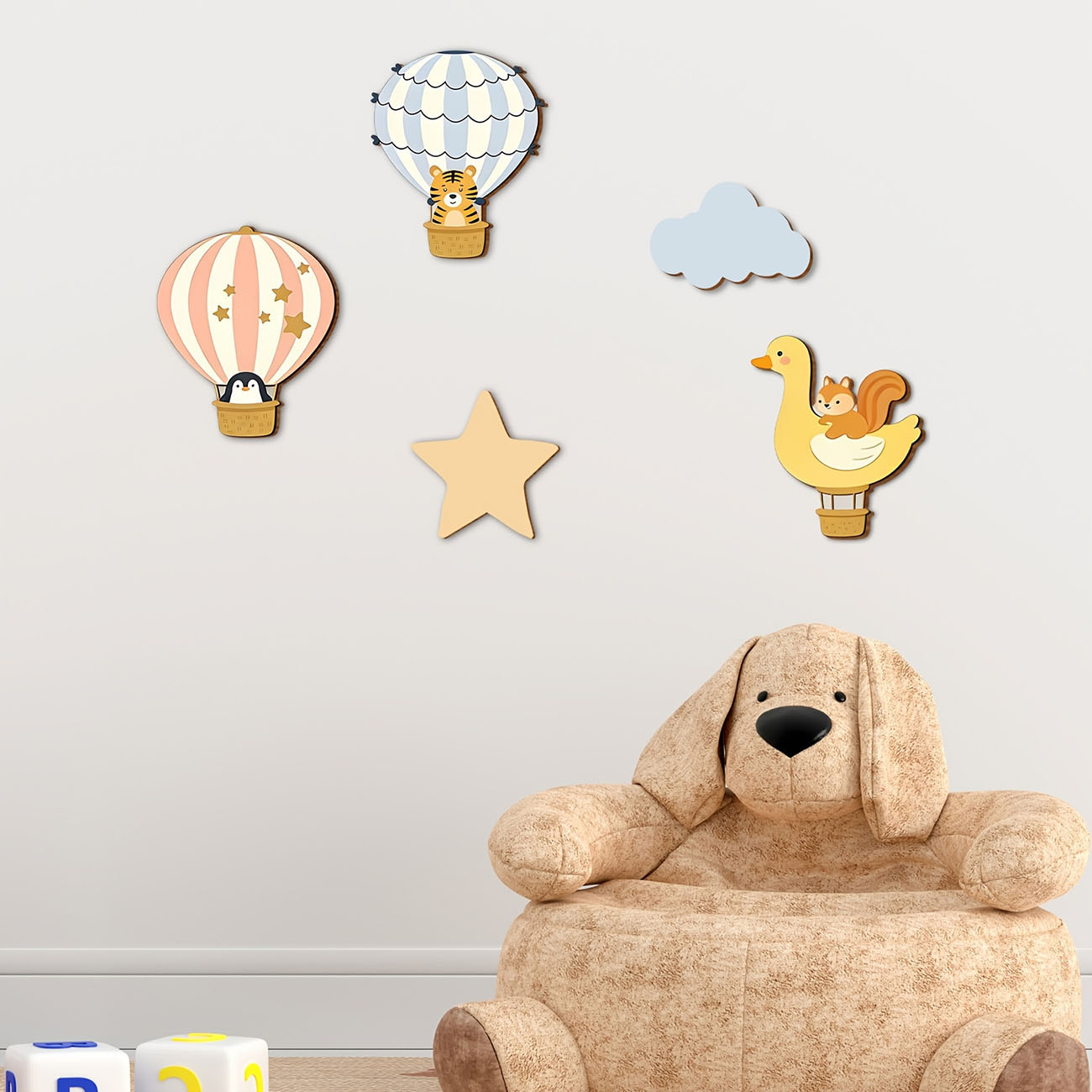 5 個の動物熱気球木製ウォールステッカー保育園子供部屋の装飾 - Baby Nursery Wall Decals のレビューと価格